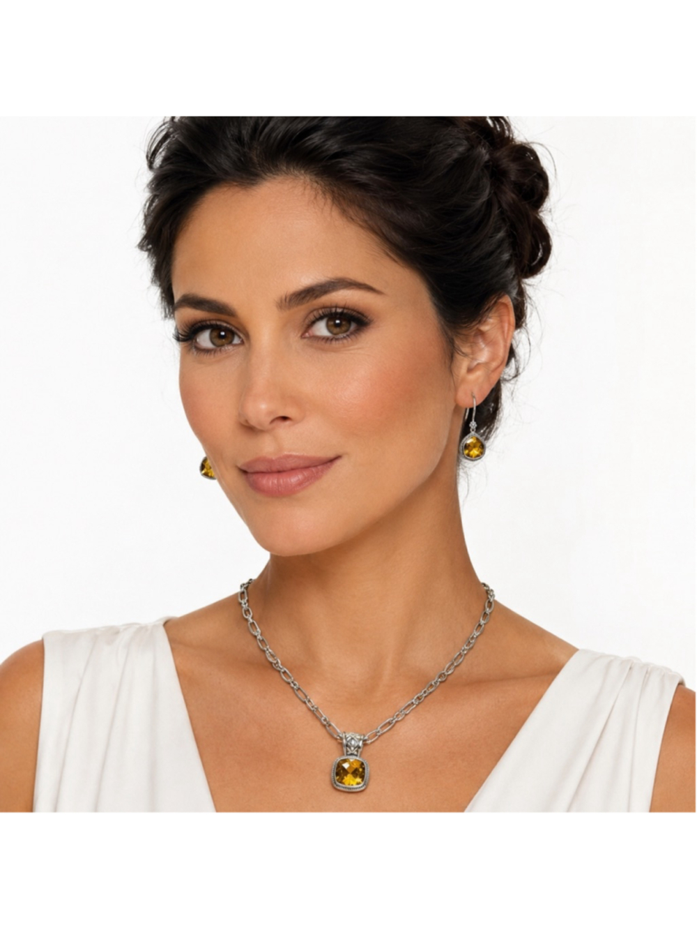 LORI BONN Cushion Cut Citrine Earrings & Sterling Silver Variegated Necklace